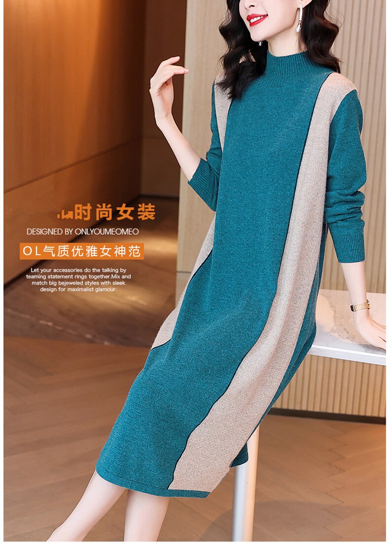 2021 Vintage Blue 3XL Plus Size Knit Turtleneck Wool Sweater Midi Dress Autumn Winter Casual Women Elegant Bodycon Long Sweaters