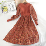 Women's Knitted Dress Autumn Winter New Long Sleeve Corduroy Floral Dress Female Elegant Sweater A-line Long Veatidos Belt