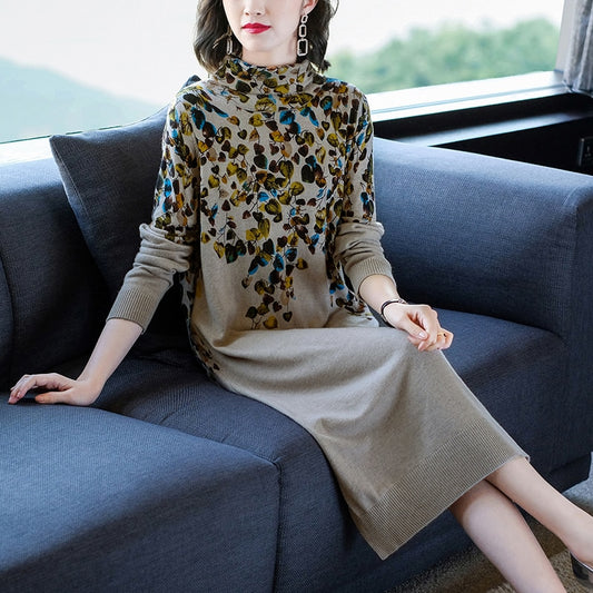 2023 Knitted Thick Midi Wool Sweaters Dress Women Korean Vintage Turtleneck Sweater Autumn Winter Elegant Bodycon Coat Sweaters