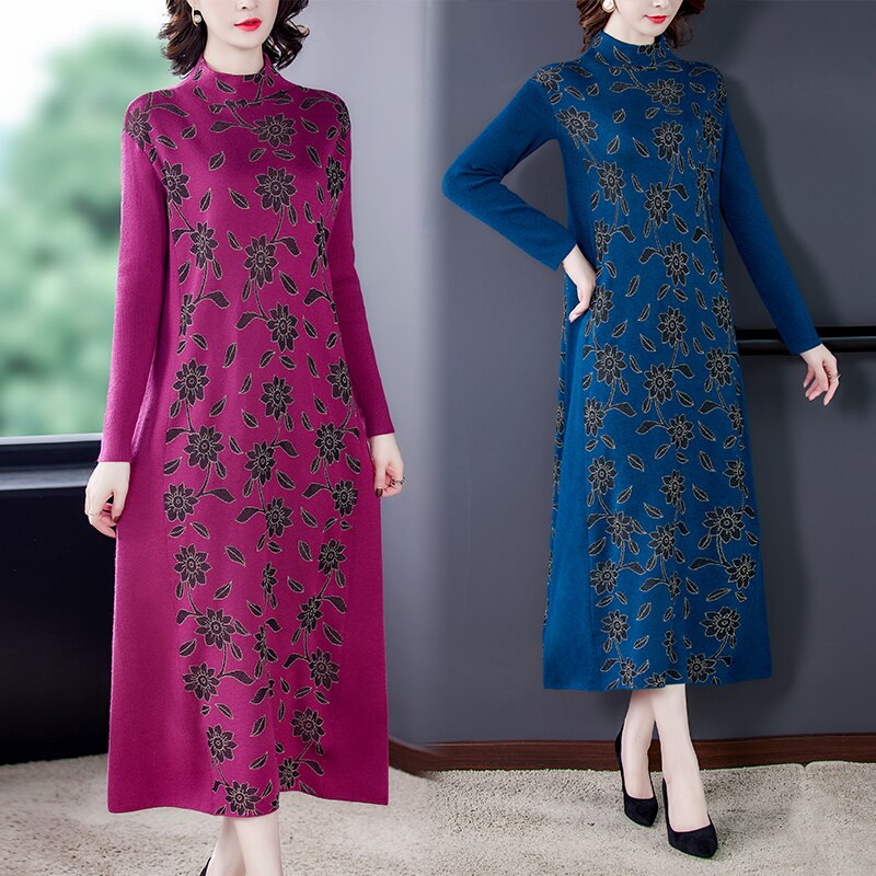 2022 Vintage Blue 4XL Plus Size Knit Turtleneck Wool Sweater Maxi Dress Autumn Winter Casual Women Elegant Bodycon Long Sweaters