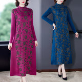 2022 Vintage Blue 4XL Plus Size Knit Turtleneck Wool Sweater Maxi Dress Autumn Winter Casual Women Elegant Bodycon Long Sweaters