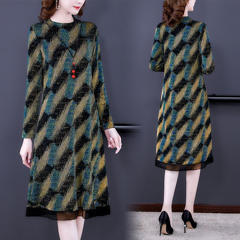 Women Knitted Striped Midi Dresses Autumn Winter Plus Velvet Thick Warm Dress 2023 Korean Vintage Elegant Loose Waist Vestidos