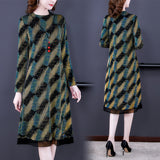 Women Knitted Striped Midi Dresses Autumn Winter Plus Velvet Thick Warm Dress 2023 Korean Vintage Elegant Loose Waist Vestidos