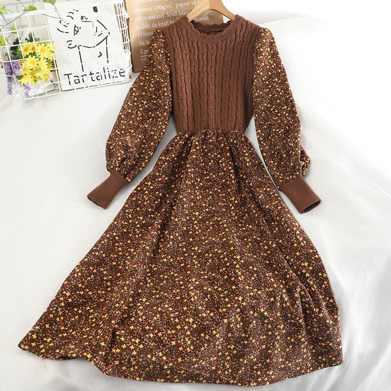 Women's Knitted Dress Autumn Winter New Long Sleeve Corduroy Floral Dress Female Elegant Sweater A-line Long Veatidos Belt