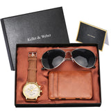Luxury Rose Gold Men's Watch Leather Card Credit Holder Wallet Fashion Sunglasses Sets for Men Unique Gift for Boyfriend Husband