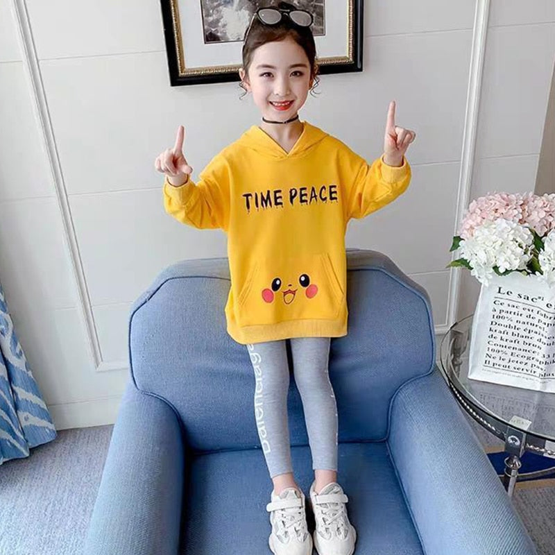 2 Pcs Kids Clothes Girl Spring Autumn Cartoon Pull Sleeve Tracksuit 2 5 7 8 10 12 14 Years Hoodies Top + Pants Sportswear Sets