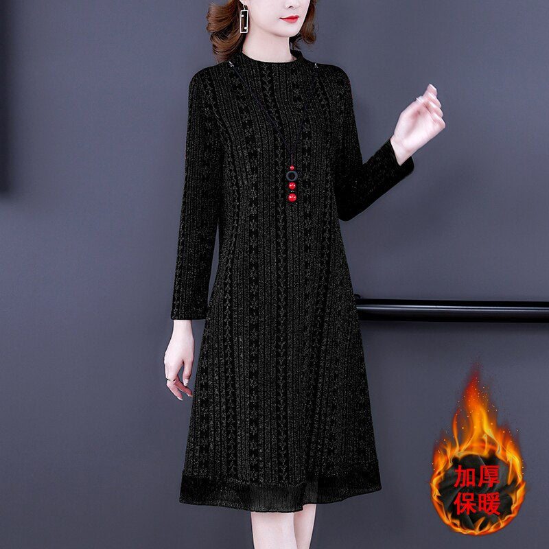 2023 High Quality Red Knitted Plus Velvet Midi Dress Autumn Winter Thick Warm Dress Women Black Korean Vintage Elegant Vestidos