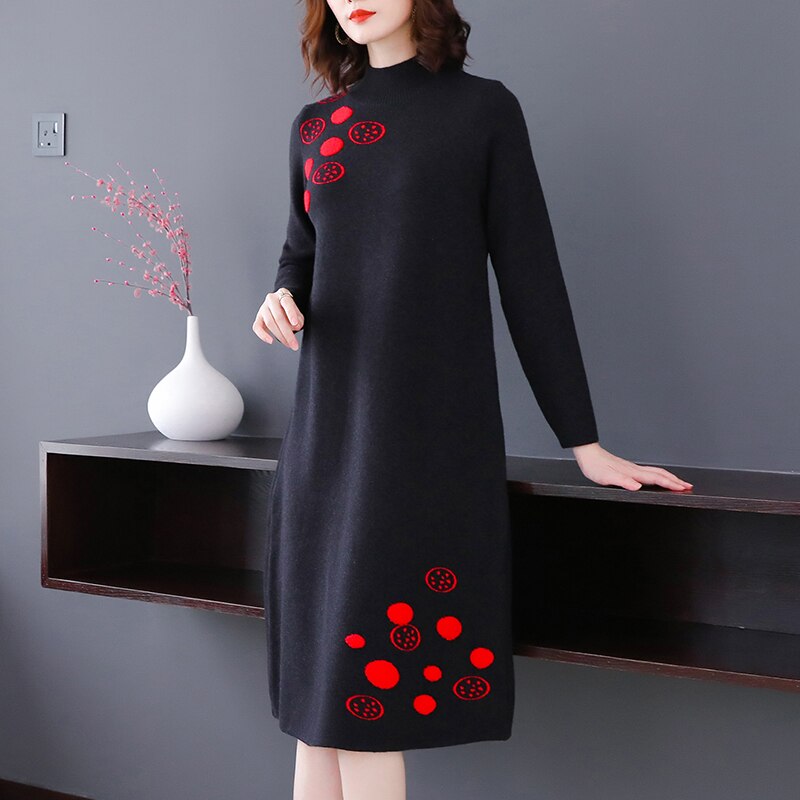 Black Korean Vintage Midi Sweater Dress Autumn Winter Knitted Cotton Thick Warm Sweaters 2023 Elegant Bodycon Turtleneck Sweater