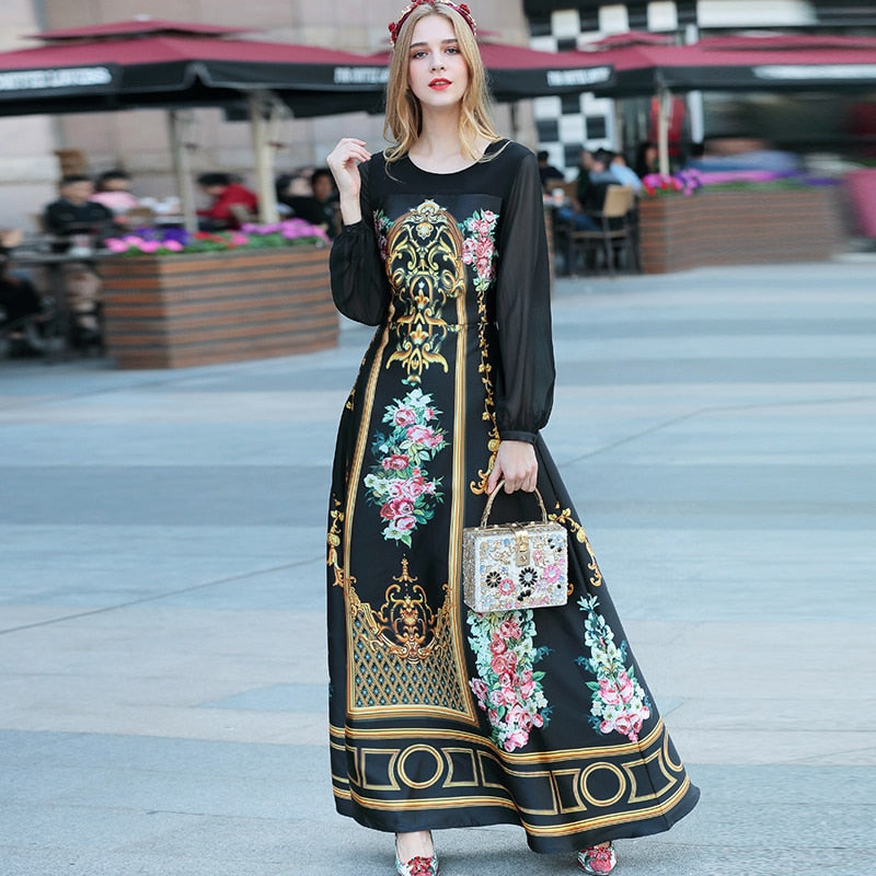 MoaaYina Fashion Designer dress Spring Women's Dress Long sleeve Vintage Floral-Print Black Maxi Dresses