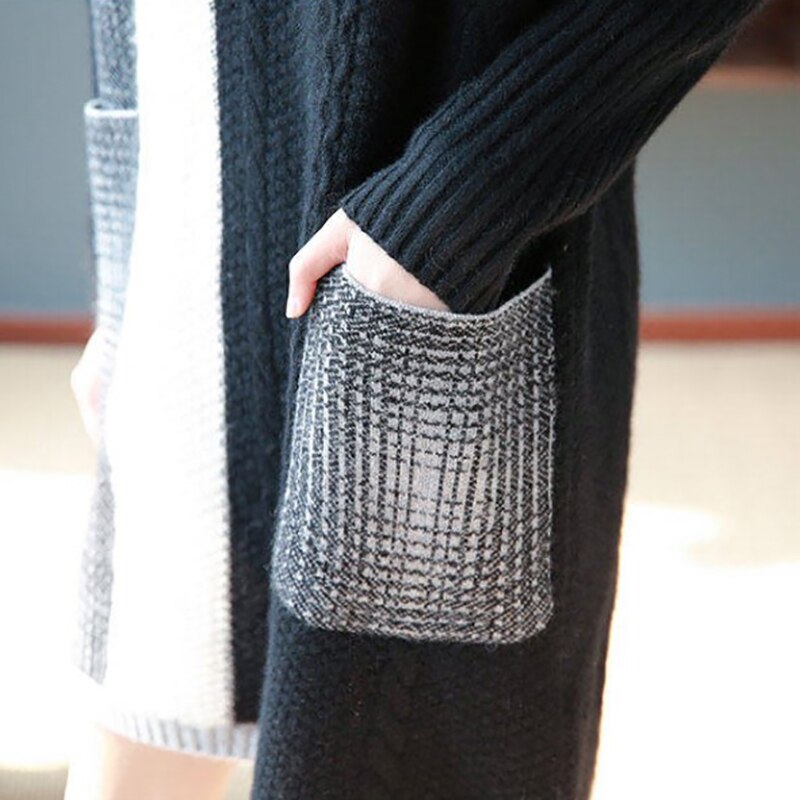 Autumn Winter Black Patchwork Knitted Cotton Pullovers Women Korean Vintage Midi Sweater Dress 2023 Elegant Turtleneck Sweaters