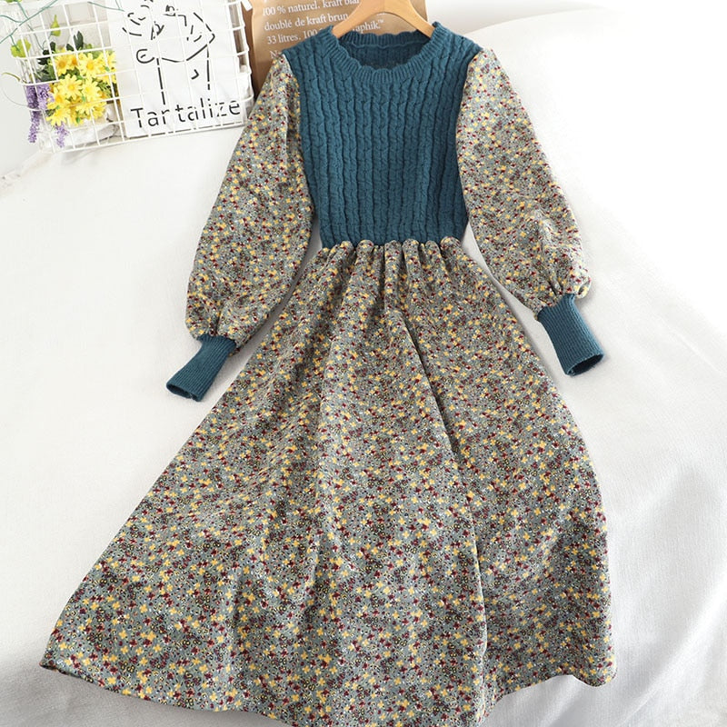 Women's Knitted Dress Autumn Winter New Long Sleeve Corduroy Floral Dress Female Elegant Sweater A-line Long Veatidos Belt