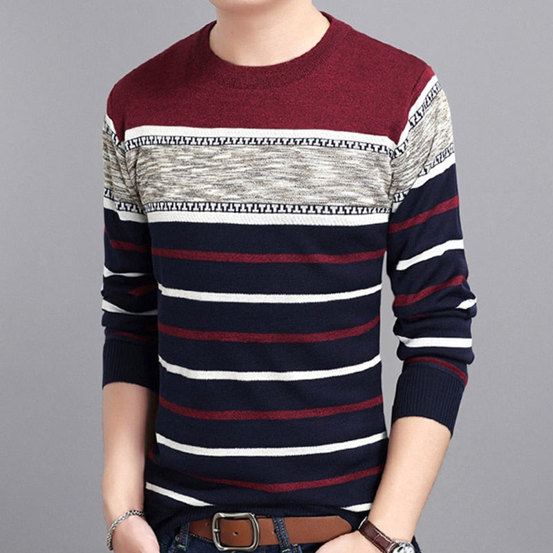 Covrlge New Spring Autumn Casual Men's Sweater O-Neck Striped Slim Knittwear Mens Sweaters Pullovers Pullover Men M-3XL MZM050