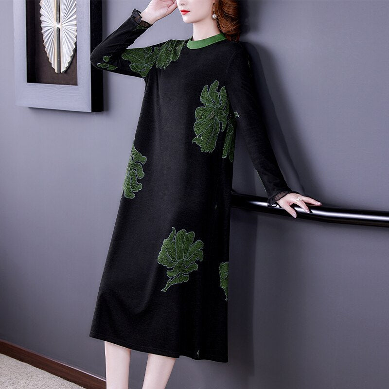 Autumn Winter Knitted Long Sleeve Floral Midi Dress 2023 Elegant Bodycon Office Dress Women Korean Vintage Casual Party Vestidos