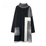 Autumn Winter Black Patchwork Knitted Cotton Pullovers Women Korean Vintage Midi Sweater Dress 2023 Elegant Turtleneck Sweaters