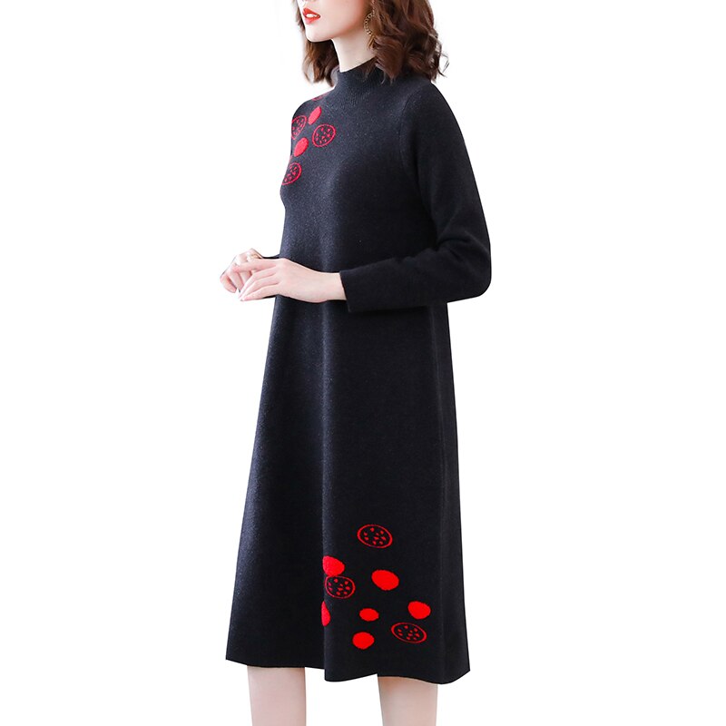 Black Korean Vintage Midi Sweater Dress Autumn Winter Knitted Cotton Thick Warm Sweaters 2023 Elegant Bodycon Turtleneck Sweater