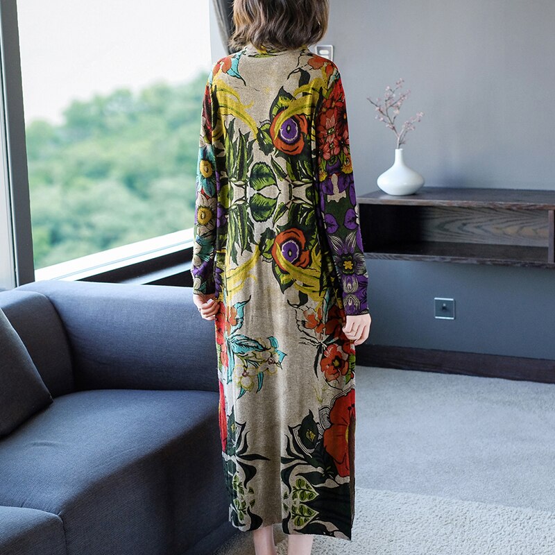 Women Knitted Floral Midi Dress 2023 Vintage Elegant Bodycon Casual Pullovers Autumn Winter Thick Warm Turtleneck Wool Sweaters