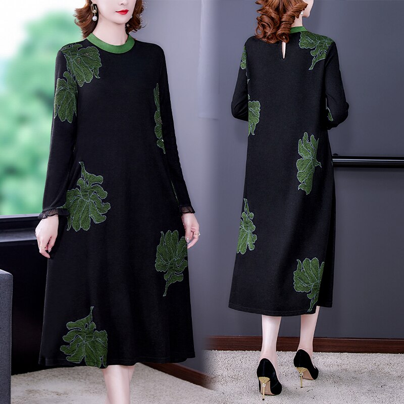 Autumn Winter Knitted Long Sleeve Floral Midi Dress 2023 Elegant Bodycon Office Dress Women Korean Vintage Casual Party Vestidos