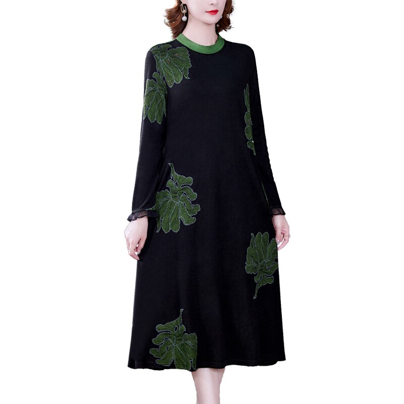 Autumn Winter Knitted Long Sleeve Floral Midi Dress 2023 Elegant Bodycon Office Dress Women Korean Vintage Casual Party Vestidos