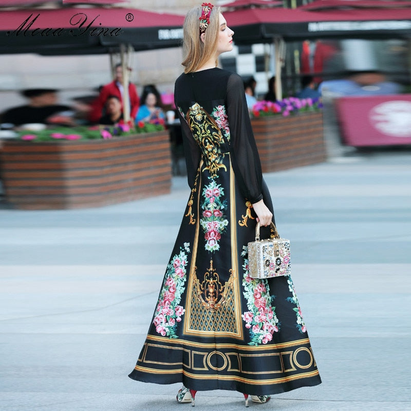 MoaaYina Fashion Designer dress Spring Women's Dress Long sleeve Vintage Floral-Print Black Maxi Dresses