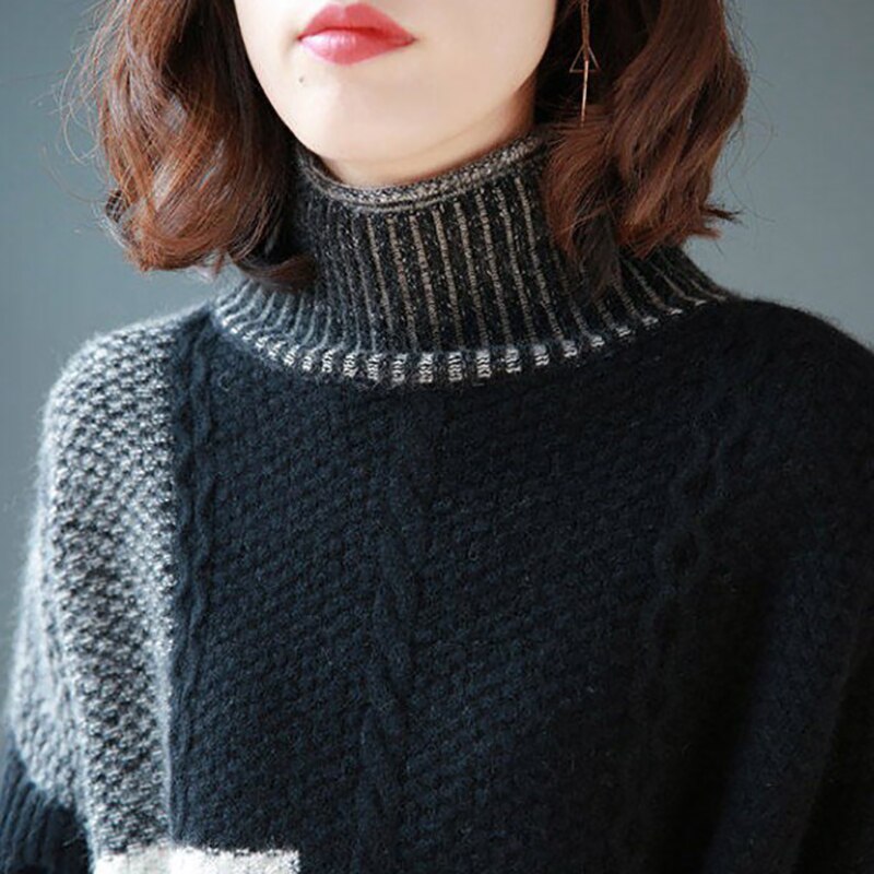 Autumn Winter Black Patchwork Knitted Cotton Pullovers Women Korean Vintage Midi Sweater Dress 2023 Elegant Turtleneck Sweaters