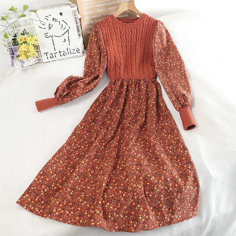 Women's Knitted Dress Autumn Winter New Long Sleeve Corduroy Floral Dress Female Elegant Sweater A-line Long Veatidos Belt