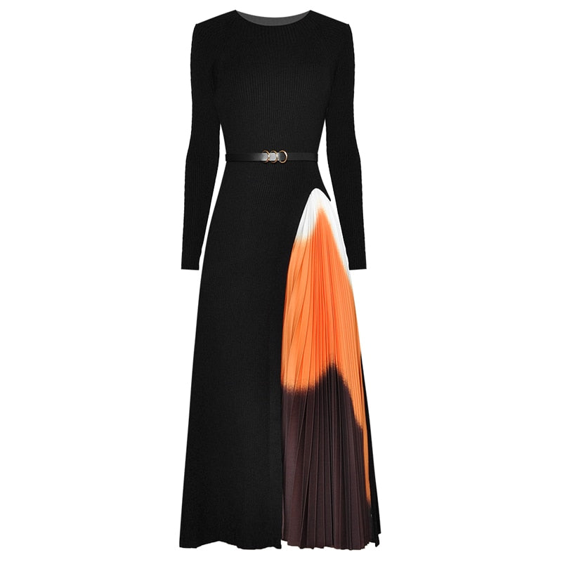SEQINYY Midi Elegant Dress 2020 Autumn Winter New Fashion Design Women Black Knitting Spliced Orange Print Pleated Casual