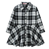 Kid Girl Dress Plaid Midi Long Sleeve Round Lapel Collar High Waist Buttons Spring Autumn Princess Shirt 4-12Years