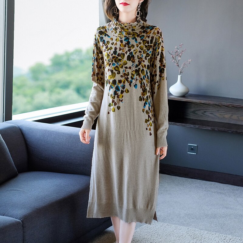 2023 Knitted Thick Midi Wool Sweaters Dress Women Korean Vintage Turtleneck Sweater Autumn Winter Elegant Bodycon Coat Sweaters