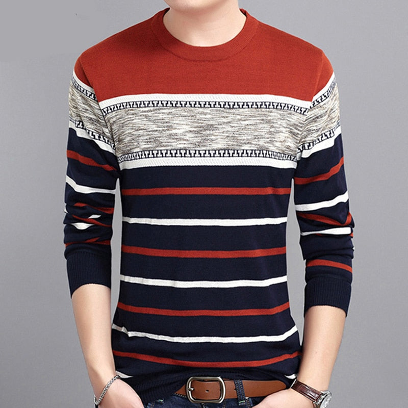 Covrlge New Spring Autumn Casual Men's Sweater O-Neck Striped Slim Knittwear Mens Sweaters Pullovers Pullover Men M-3XL MZM050