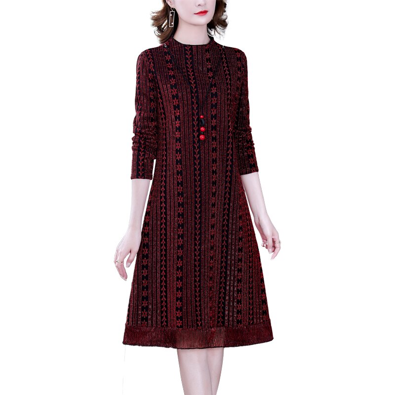 2023 High Quality Red Knitted Plus Velvet Midi Dress Autumn Winter Thick Warm Dress Women Black Korean Vintage Elegant Vestidos