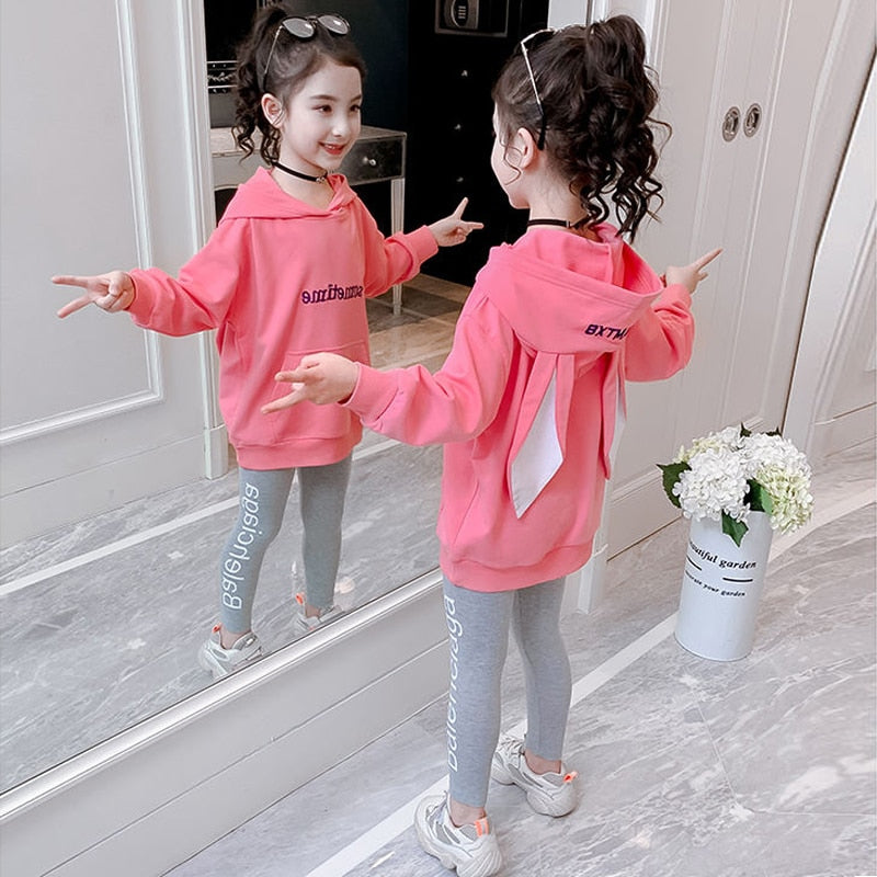 2 Pcs Kids Clothes Girl Spring Autumn Cartoon Pull Sleeve Tracksuit 2 5 7 8 10 12 14 Years Hoodies Top + Pants Sportswear Sets