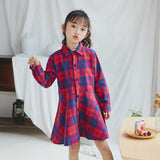 Kid Girl Dress Plaid Midi Long Sleeve Round Lapel Collar High Waist Buttons Spring Autumn Princess Shirt 4-12Years