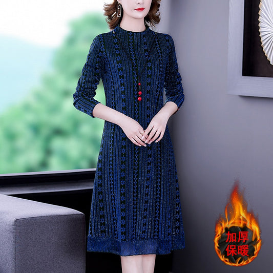 2023 High Quality Red Knitted Plus Velvet Midi Dress Autumn Winter Thick Warm Dress Women Black Korean Vintage Elegant Vestidos