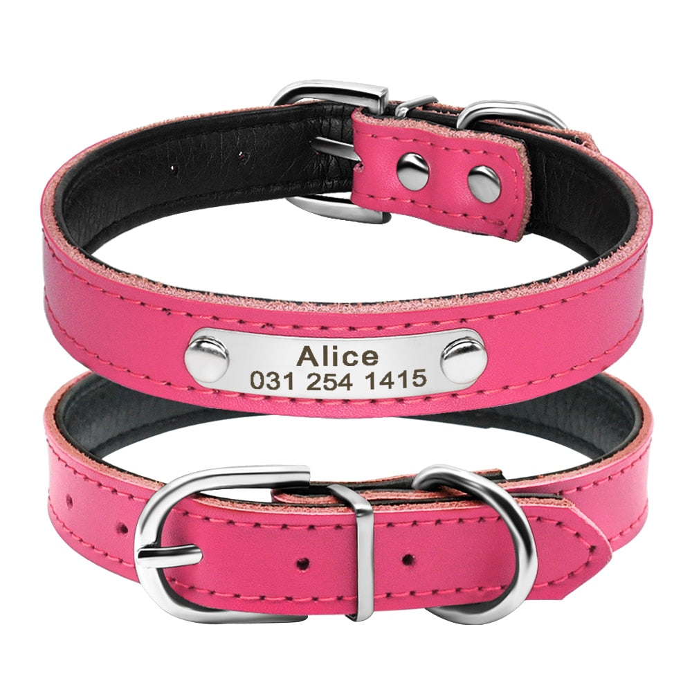 Leather Dog Collar Inner Padded Custom Personalized Dog Collars with Engraved Nameplate ID Tag For Small Medium Dogs