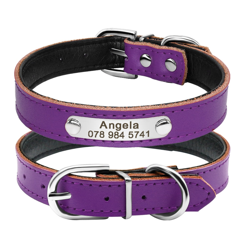 Leather Dog Collar Inner Padded Custom Personalized Dog Collars with Engraved Nameplate ID Tag For Small Medium Dogs