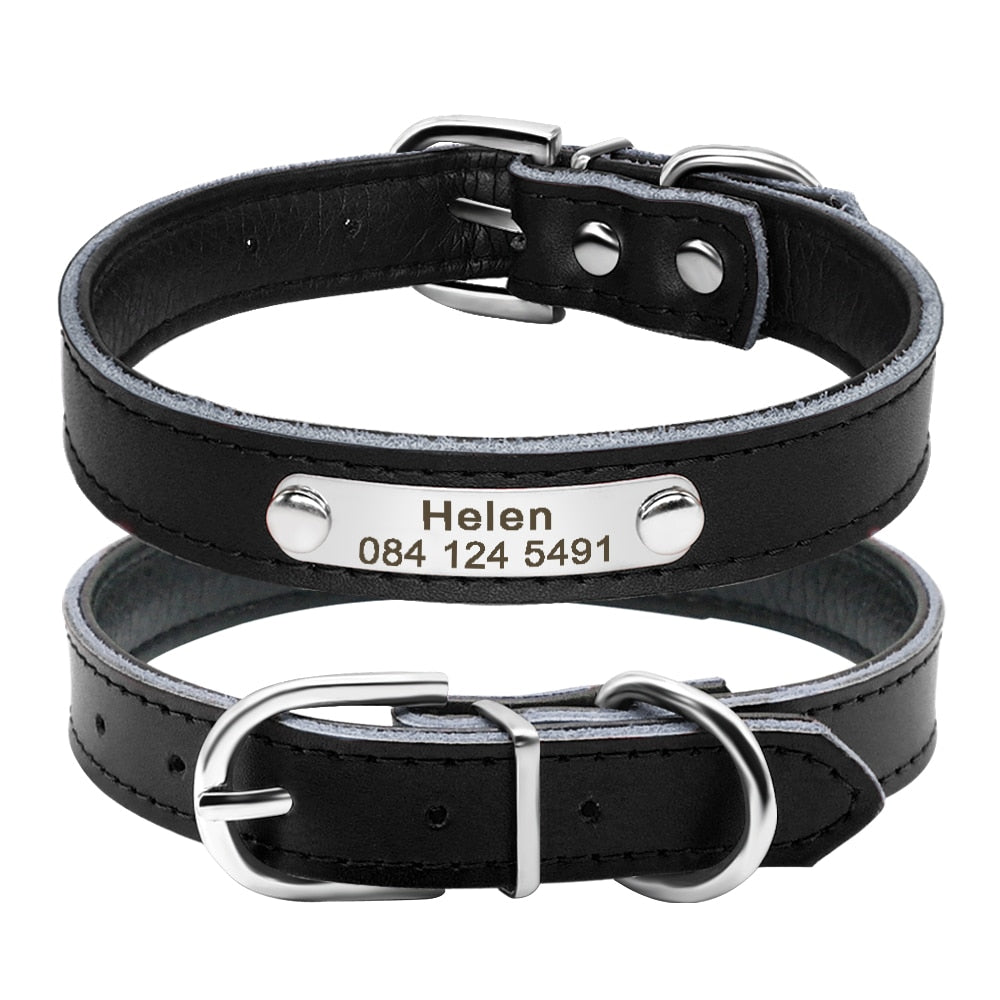 Leather Dog Collar Inner Padded Custom Personalized Dog Collars with Engraved Nameplate ID Tag For Small Medium Dogs