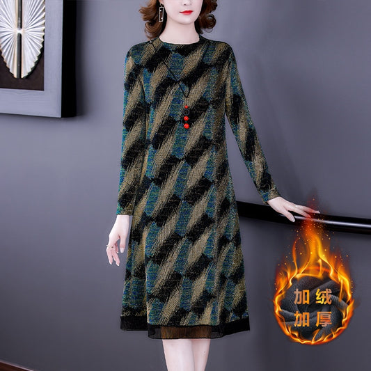 Women Knitted Striped Midi Dresses Autumn Winter Plus Velvet Thick Warm Dress 2023 Korean Vintage Elegant Loose Waist Vestidos