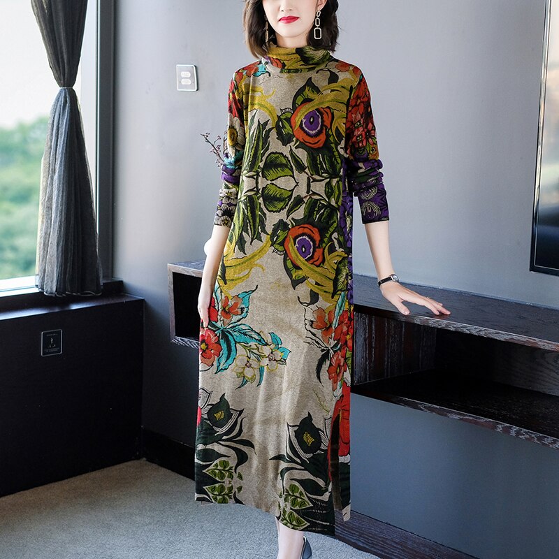 Women Knitted Floral Midi Dress 2023 Vintage Elegant Bodycon Casual Pullovers Autumn Winter Thick Warm Turtleneck Wool Sweaters