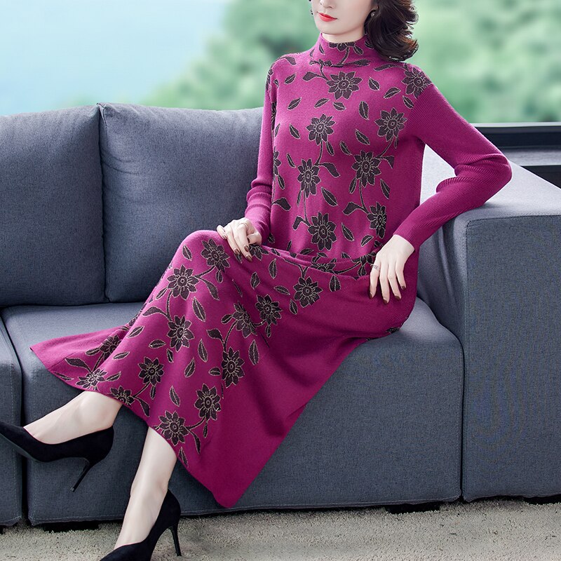 2022 Vintage Blue 4XL Plus Size Knit Turtleneck Wool Sweater Maxi Dress Autumn Winter Casual Women Elegant Bodycon Long Sweaters