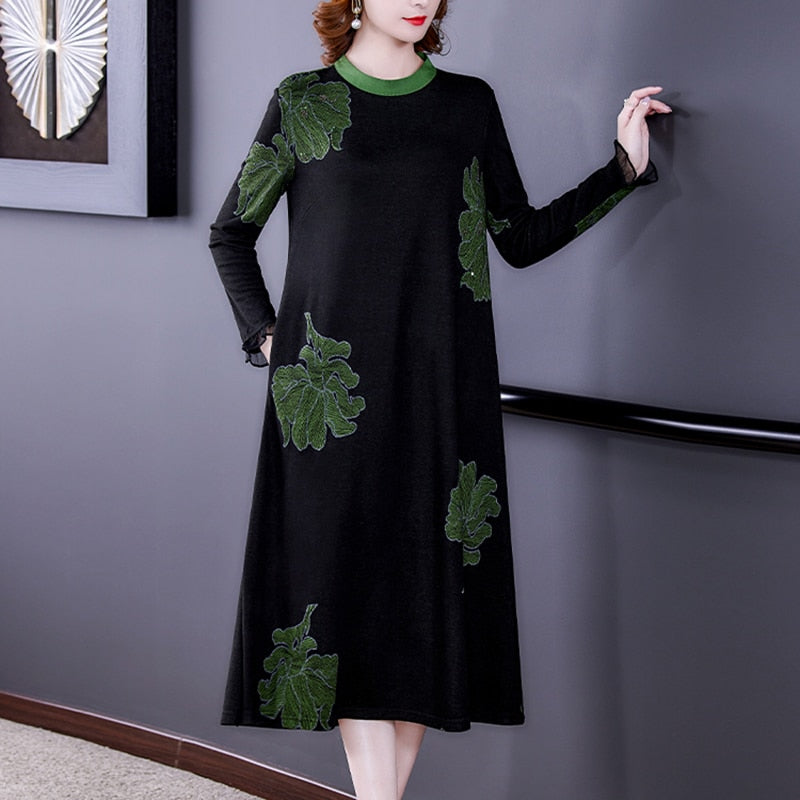 Autumn Winter Knitted Long Sleeve Floral Midi Dress 2023 Elegant Bodycon Office Dress Women Korean Vintage Casual Party Vestidos