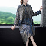 Autumn Floral Natural Silk Satin Midi Dresses Spring Women Korean Vintage Casual Loose Vintage Dress 2023 New Elegant Vestidos