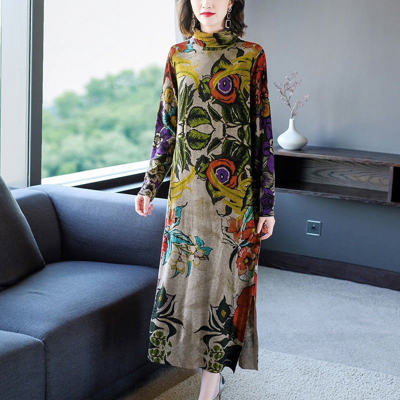 Women Knitted Floral Midi Dress 2023 Vintage Elegant Bodycon Casual Pullovers Autumn Winter Thick Warm Turtleneck Wool Sweaters