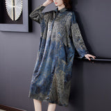 Autumn Floral Natural Silk Satin Midi Dresses Spring Women Korean Vintage Casual Loose Vintage Dress 2023 New Elegant Vestidos
