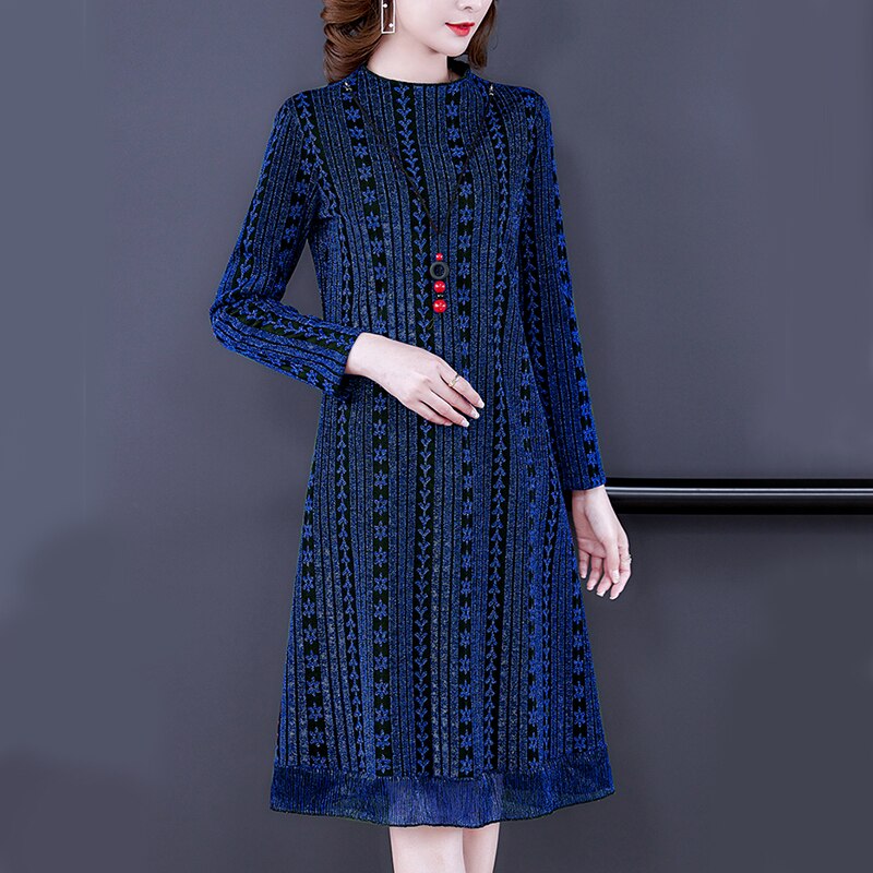 2023 High Quality Red Knitted Plus Velvet Midi Dress Autumn Winter Thick Warm Dress Women Black Korean Vintage Elegant Vestidos