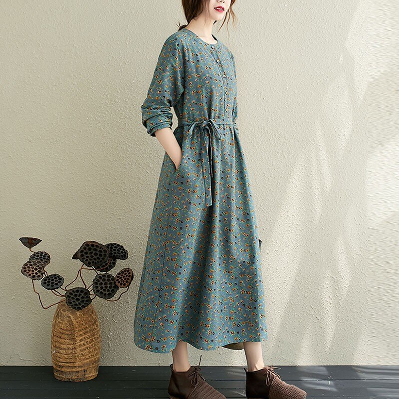 Women Autumn Cotton Linen Long Dress New Arrival 2020 Arts Style Vintage Floral Print Loose Ladies Elegant A-line Dresses S1857