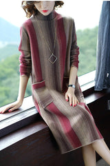 ZUOMAN Autumn Office Turtleneck Knitted Dress for Women Elegant Striped Sweaters Dresses Long Sleeves Female A-line Winter Dress