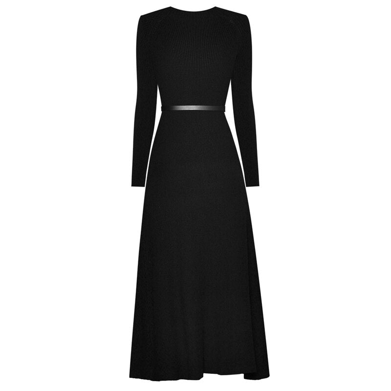 SEQINYY Midi Elegant Dress 2020 Autumn Winter New Fashion Design Women Black Knitting Spliced Orange Print Pleated Casual