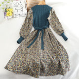 Women's Knitted Dress Autumn Winter New Long Sleeve Corduroy Floral Dress Female Elegant Sweater A-line Long Veatidos Belt
