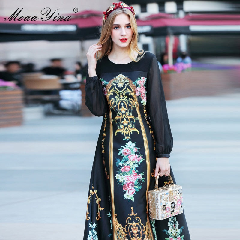 MoaaYina Fashion Designer dress Spring Women's Dress Long sleeve Vintage Floral-Print Black Maxi Dresses
