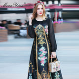 MoaaYina Fashion Designer dress Spring Women's Dress Long sleeve Vintage Floral-Print Black Maxi Dresses